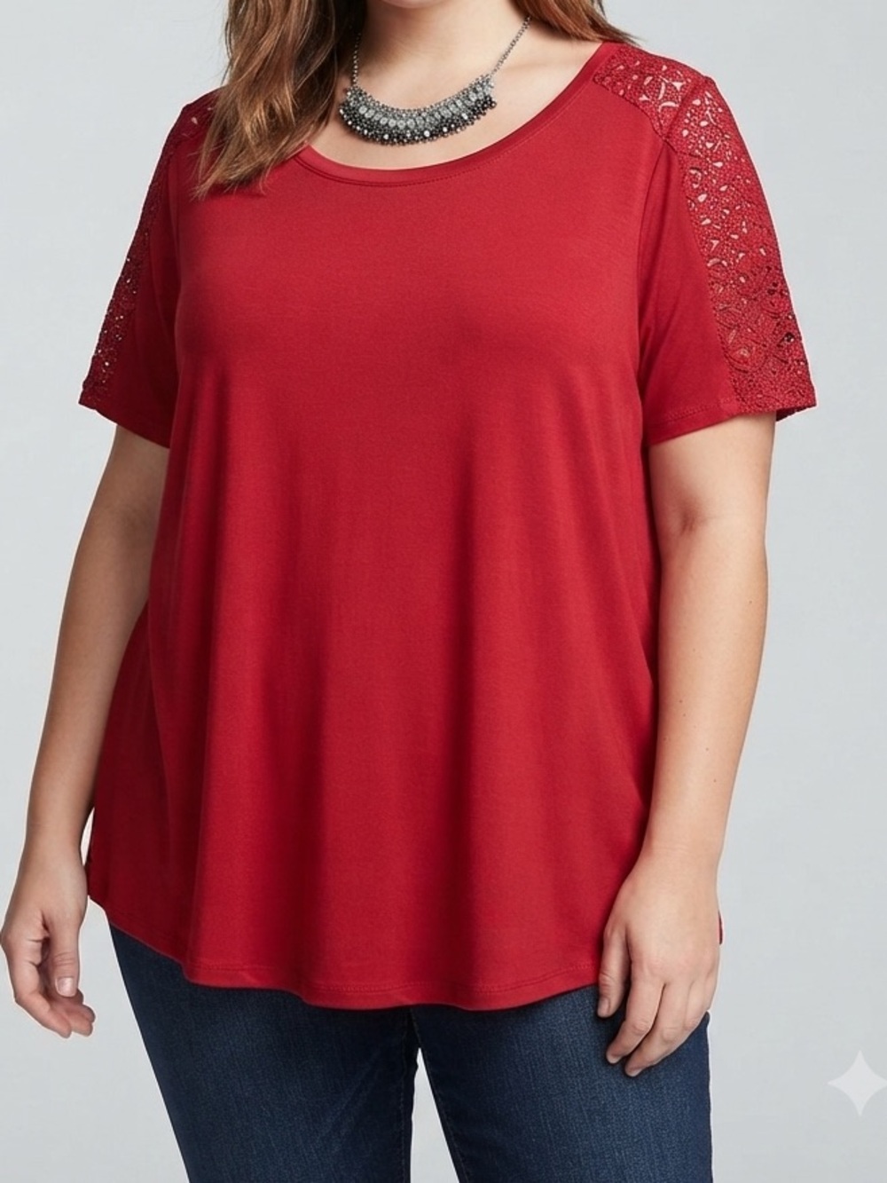 😍SHOW SPECIAL GEORGE Women's Crimson Short Sleeve Lace Shoulder Tee 1X